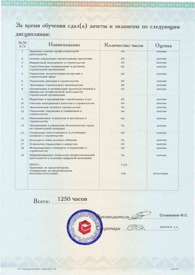 Образец приложения оборотная сторона (аттестационная работа) по программе Руководитель строительной организации