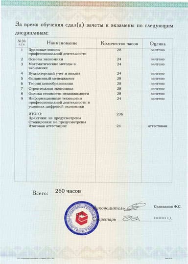 Образец приложения оборотная сторона (аттестационная работа) по программе Ценообразование и сметное дело