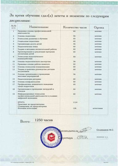 Образец приложения оборотная сторона (аттестационная работа) по программе Педагогическое образование: вожатый