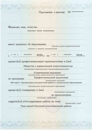 Образец приложения лицевая сторона (аттестационная работа) по программе Методист. Организация методической работы в дошкольном образовании