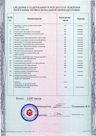 Образец приложения оборотная сторона (итоговое тестирование) по программе Педагогика дополнительного образования