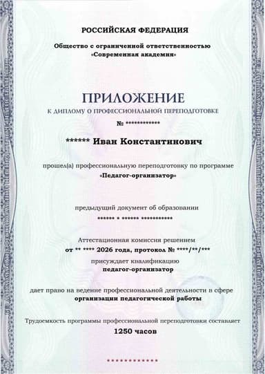 Образец приложения лицевая сторона (итоговое тестирование) по программе Педагог-организатор