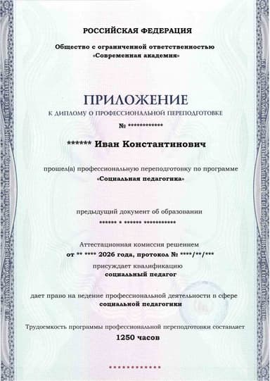 Образец приложения лицевая сторона (итоговое тестирование) по программе Социальная педагогика