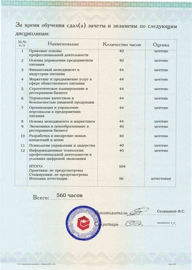 Образец приложения оборотная сторона (аттестационная работа) по программе Руководитель предприятия питания