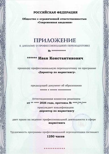 Образец приложения лицевая сторона (итоговое тестирование) по программе Директор по маркетингу