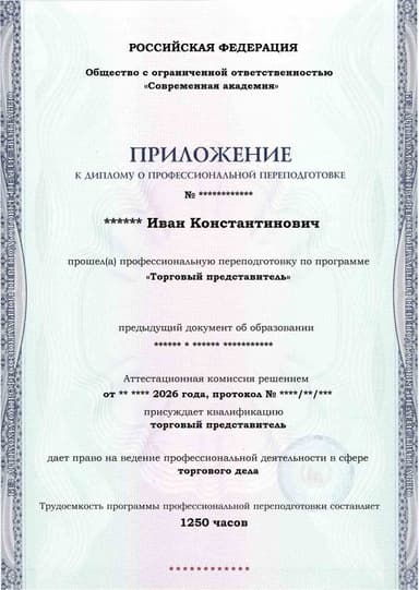 Образец приложения лицевая сторона (итоговое тестирование) по программе Торговый представитель