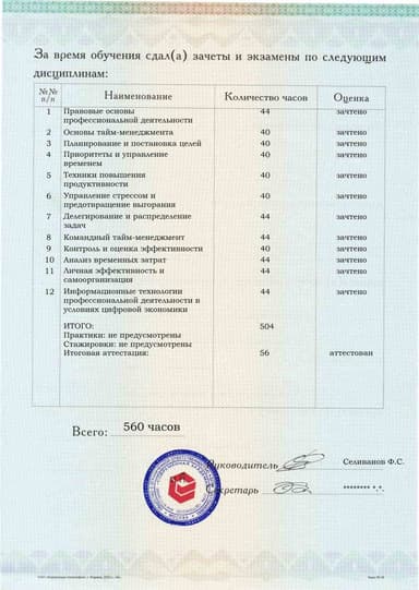 Образец приложения оборотная сторона (аттестационная работа) по программе Тайм-менеджмент