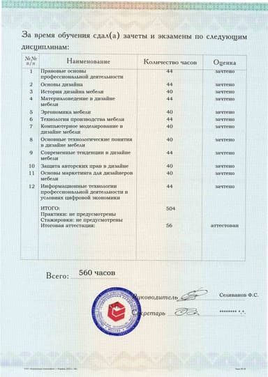 Образец приложения оборотная сторона (аттестационная работа) по программе Дизайн мебели