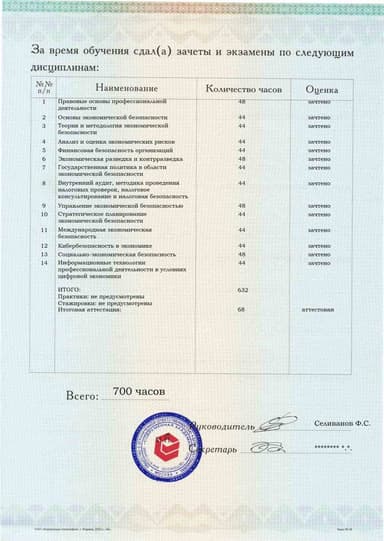 Образец приложения оборотная сторона (аттестационная работа) по программе Экономическая безопасность
