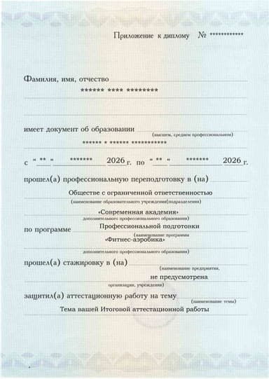 Образец приложения лицевая сторона (аттестационная работа) по программе Фитнес-аэробика