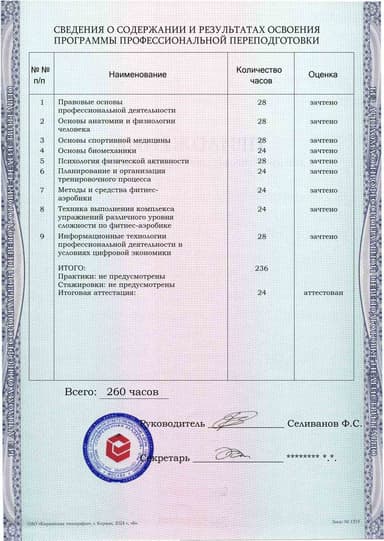 Образец приложения оборотная сторона (итоговое тестирование) по программе Фитнес-аэробика