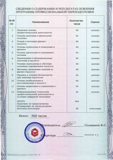 Образец приложения оборотная сторона (итоговое тестирование) по программе Фитнес-Пилатес