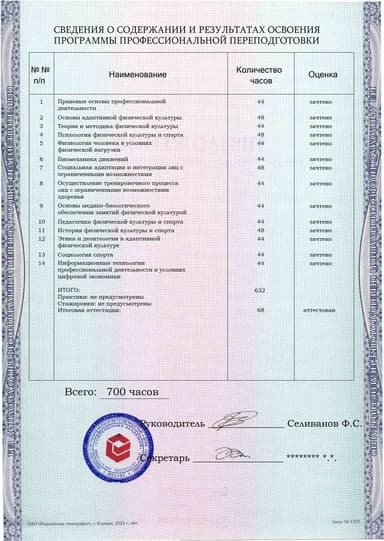 Образец приложения оборотная сторона (итоговое тестирование) по программе Адаптивная физическая культура и спорт