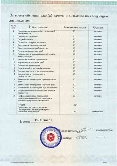 Образец приложения оборотная сторона (аттестационная работа) по программе Рыбоводство