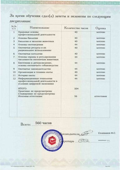 Образец приложения оборотная сторона (аттестационная работа) по программе Охотоведение