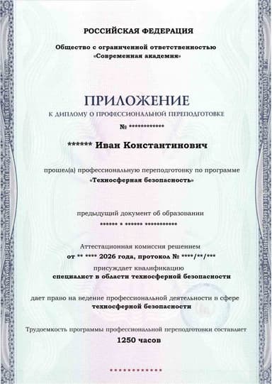 Образец приложения лицевая сторона (итоговое тестирование) по программе Техносферная безопасность