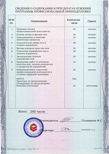 Образец приложения оборотная сторона (итоговое тестирование) по программе Специалист по контролю качества газа, газового конденсата и продуктов их переработки