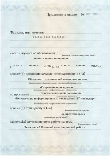 Образец приложения лицевая сторона (аттестационная работа) по программе Менеджер по информационным технологиям (IT-менеджер)