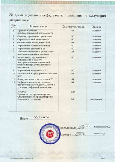 Образец приложения оборотная сторона (аттестационная работа) по программе Менеджер по информационным технологиям (IT-менеджер)