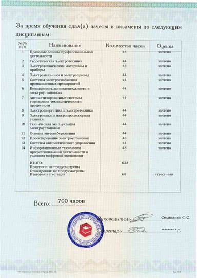 Образец приложения оборотная сторона (аттестационная работа) по программе Инженер-электрик
