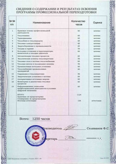 Образец приложения оборотная сторона (итоговое тестирование) по программе Промышленная теплоэнергетика