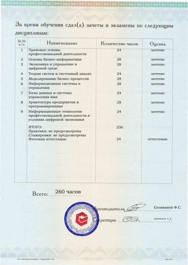 Образец приложения оборотная сторона (аттестационная работа) по программе Бизнес-информатика