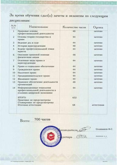 Образец приложения оборотная сторона (аттестационная работа) по программе Юрист