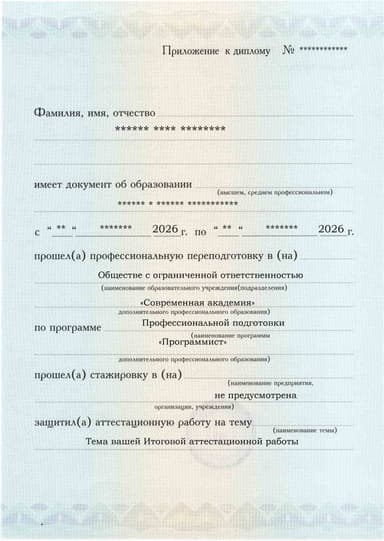 Образец приложения лицевая сторона (аттестационная работа) по программе Программист