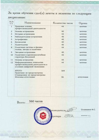 Образец приложения оборотная сторона (аттестационная работа) по программе Астрономия (со специализацией «Основы астрологии»)