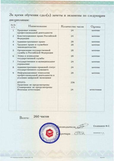 Образец приложения оборотная сторона (аттестационная работа) по программе Государственная служба в Российской Федерации