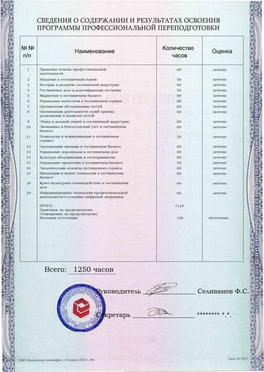 Образец приложения оборотная сторона (итоговое тестирование) по программе Гостиничный сервис