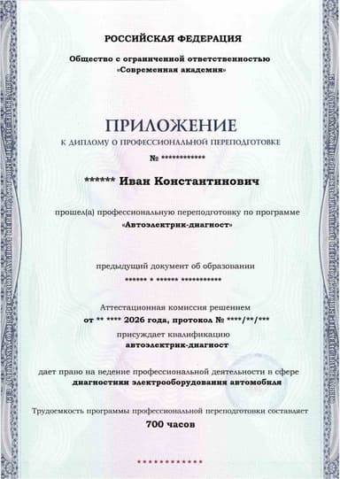 Образец приложения лицевая сторона (итоговое тестирование) по программе Автоэлектрик-диагност