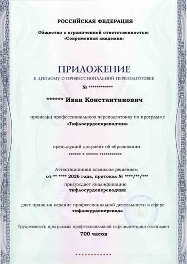 Образец приложения лицевая сторона (итоговое тестирование) по программе Тифлосурдопереводчик
