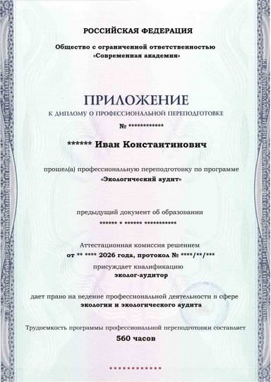 Образец приложения лицевая сторона (итоговое тестирование) по программе Экологический аудит