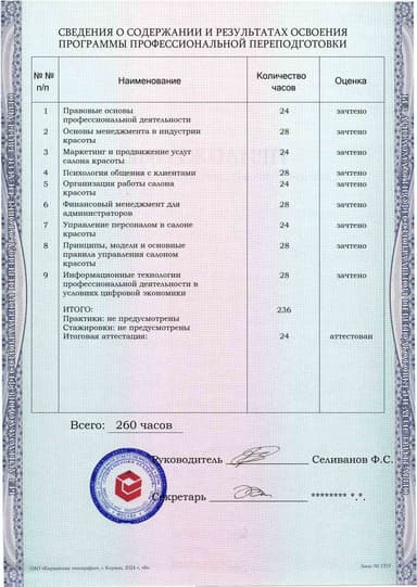 Образец приложения оборотная сторона (итоговое тестирование) по программе Менеджер-администратор салона красоты