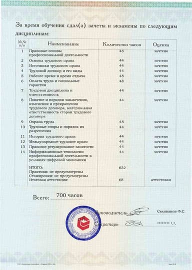 Образец приложения оборотная сторона (аттестационная работа) по программе Трудовое право