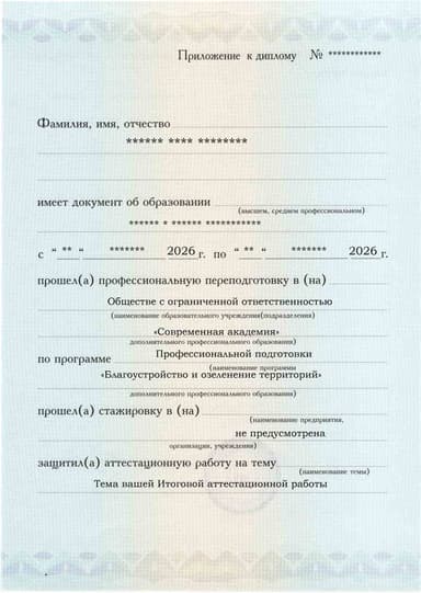 Образец приложения лицевая сторона (аттестационная работа) по программе Благоустройство и озеленение территорий