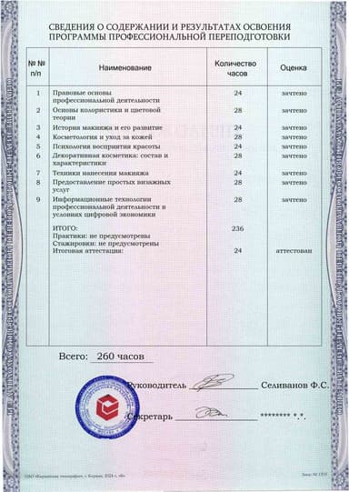 Образец приложения оборотная сторона (итоговое тестирование) по программе Специалист по предоставлению визажных услуг