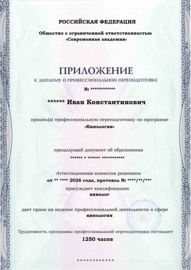 Образец приложения лицевая сторона (итоговое тестирование) по программе Кинология