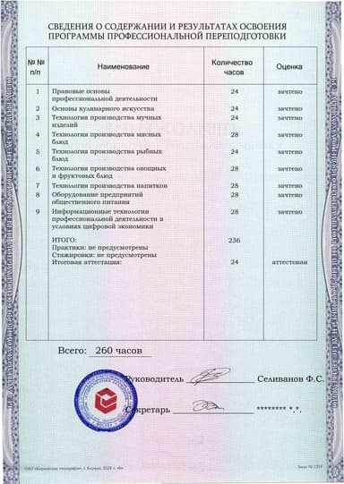 Образец приложения оборотная сторона (итоговое тестирование) по программе Базовая технология производства блюд, напитков и кулинарных изделий в организациях питания