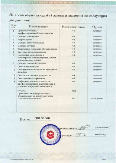 Образец приложения оборотная сторона (аттестационная работа) по программе Художник по свету