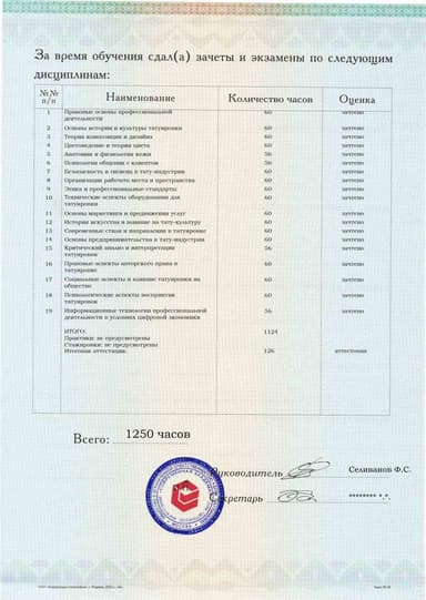 Образец приложения оборотная сторона (аттестационная работа) по программе Тату-мастер