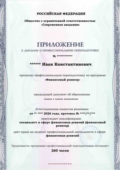Образец приложения лицевая сторона (итоговое тестирование) по программе Финансовый ревизор