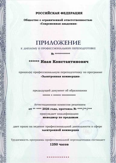 Образец приложения лицевая сторона (итоговое тестирование) по программе Электронная коммерция