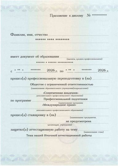 Образец приложения лицевая сторона (аттестационная работа) по программе Международное право
