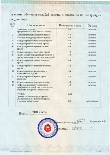 Образец приложения оборотная сторона (аттестационная работа) по программе Международное право