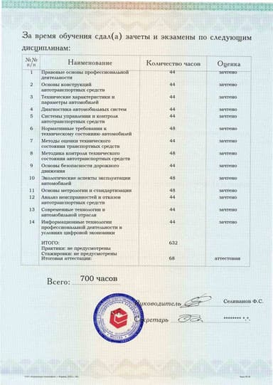 Образец приложения оборотная сторона (аттестационная работа) по программе Контролер технического состояния автотранспортных средств