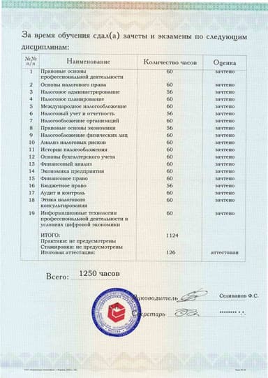 Образец приложения оборотная сторона (аттестационная работа) по программе Налоговое консультирование