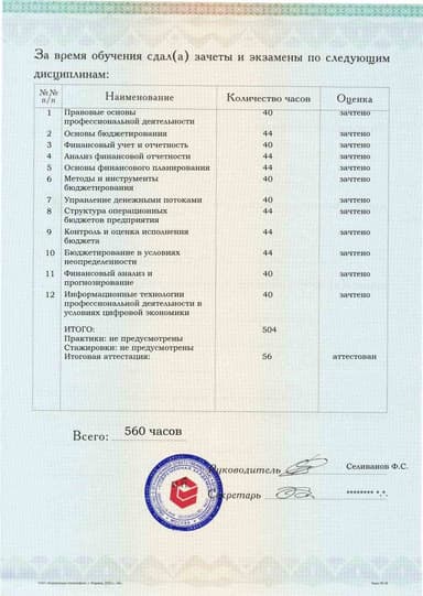 Образец приложения оборотная сторона (аттестационная работа) по программе Бюджетирование