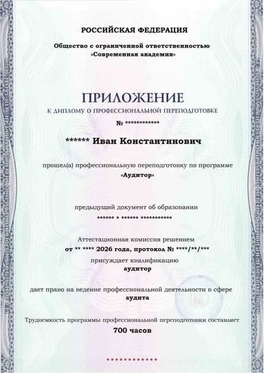 Образец приложения лицевая сторона (итоговое тестирование) по программе Аудитор